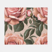 Pink Roses With Brushstroke Leaves  フリースブランケット (正面(横))