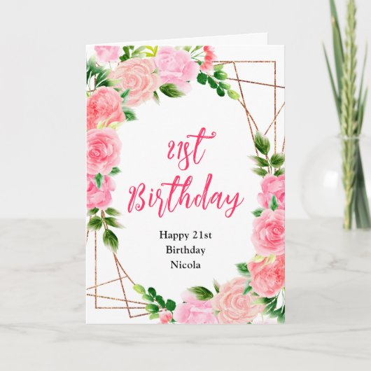 Pink Roses with Foliage Birthday カード (正面)