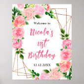 Pink Roses with Foliage Birthday Welcome ポスター (正面)
