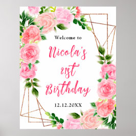 Pink Roses with Foliage Birthday Welcome ポスター