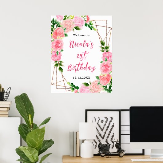 Pink Roses with Foliage Birthday Welcome ポスター (ホームオフィス)