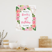 Pink Roses with Foliage Birthday Welcome ポスター (キッチン)