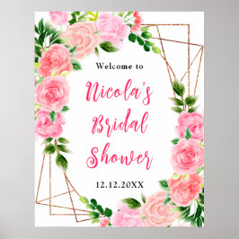Pink Roses with Foliage Bridal Shower Welcome ポスター