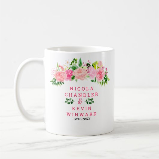 Pink Roses with Foliage Wedding コーヒーマグカップ (左)
