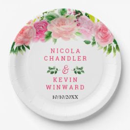 Pink Roses with Foliage Wedding ペーパープレート