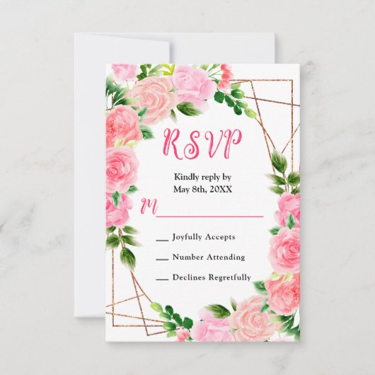 Pink Roses with Foliage Wedding 出欠カード (正面)