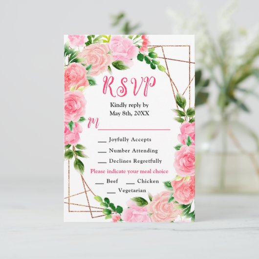 Pink Roses with Foliage Wedding 出欠カード (スタンド正面)