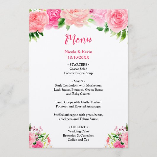 Pink Roses with Foliage Wedding Menu メニュー (正面)