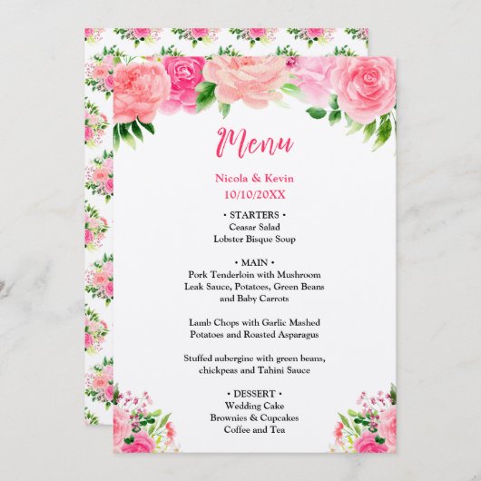 Pink Roses with Foliage Wedding Menu メニュー (正面/裏面)