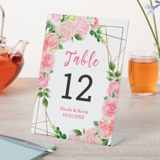 Pink Roses with Foliage Wedding Table Number 台座サイン (インサイチュ)