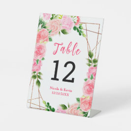 Pink Roses with Foliage Wedding Table Number 台座サイン