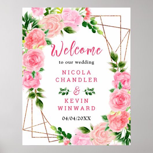 Pink Roses with Foliage Wedding Welcome Sign ポスター (正面)