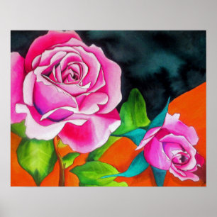 Pink Roses with orange contemporary watercolor art ポスター