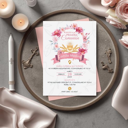 Pink Roses Wreath with Chalice First Communion 招待状