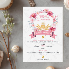 Pink Roses Wreath with Chalice First Communion 招待状