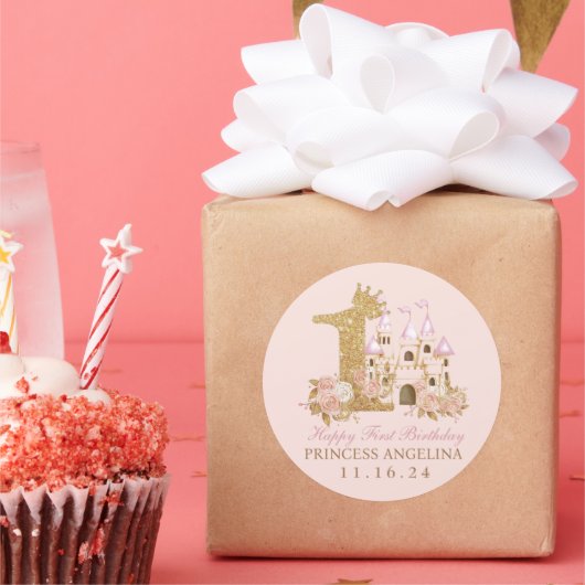  Pink RosesCastle Princess 1st Birthday  ラウンドシール (パーティー)