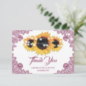 Pink Rustic Floral Lace Sunflower Wedding サンキューカード (スタンド正面)
