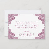 Pink Rustic Floral Lace Sunflower Wedding サンキューカード (裏面)