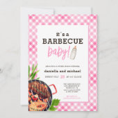 Pink Rustic Gingham Barbecue Baby Shower 招待状 (正面)