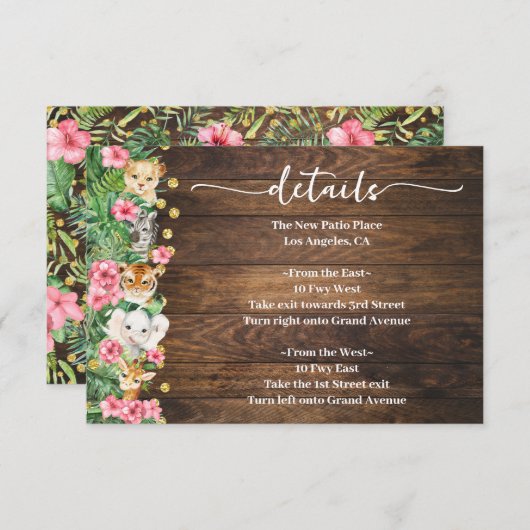 Pink Rustic Wild Safari Animals Baby Shower Detail エンクロージャーカード (正面/裏面)