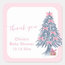Pink rustic Winter Bow Christmas Tree Baby Shower スクエアシール