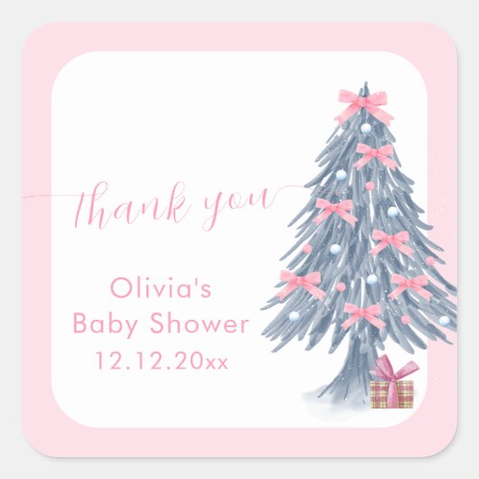 Pink rustic Winter Bow Christmas Tree Baby Shower  スクエアシール (正面)