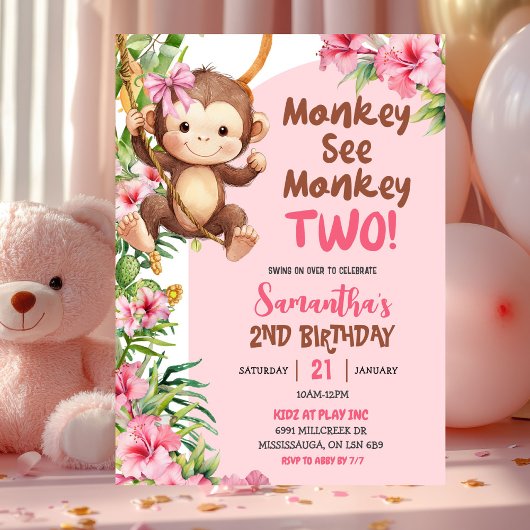 Pink Safari Monkey See Monkey Two 2nd Birthday 招待状