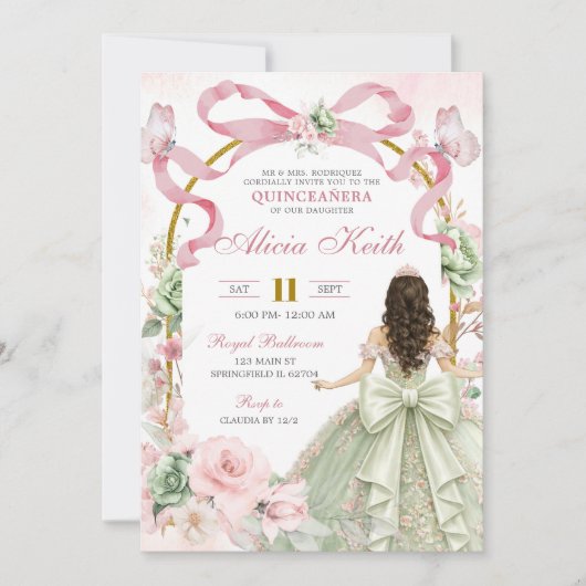 Pink Sage Bow Coquette Butterfly Princess Quin 招待状 (正面)