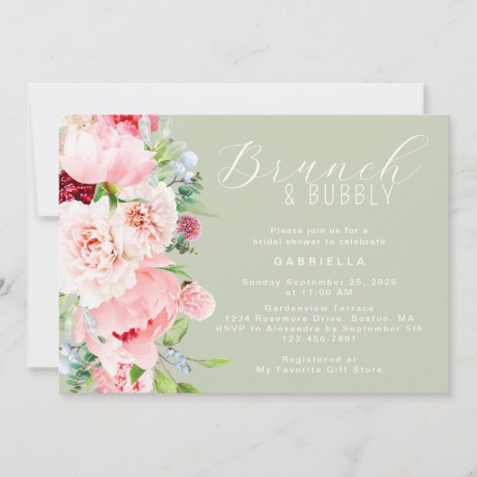 Pink Sage Green Watercolor Floral Bridal Brunch 招待状 (正面)