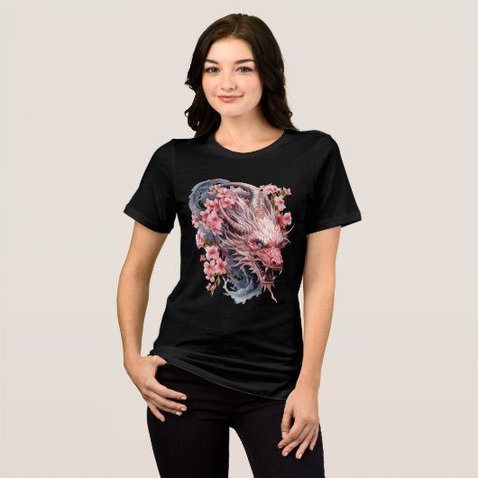 Pink Sakura Dragon with Flowing Mane トライブレンドTシャツ (正面全面)