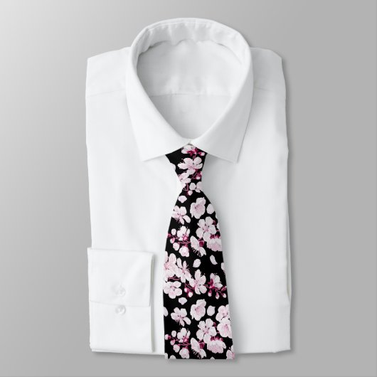 Pink Sakura Floral Cherry Pattern Modern Black ネクタイ (タイ)