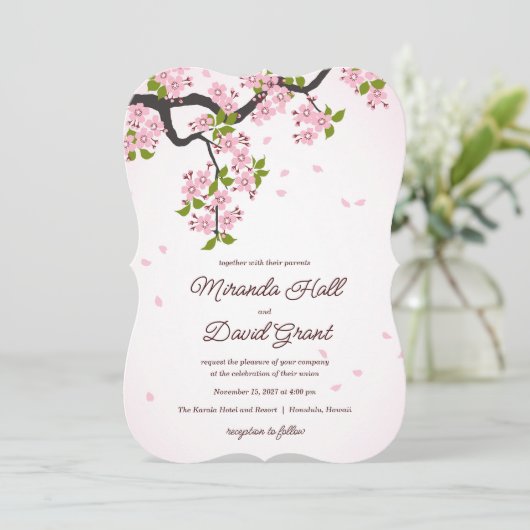 Pink Sakura Japanese Cherry Blossoms Wedding  招待状 (スタンド正面)