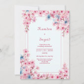 Pink Sakura Periwinkle Blue Romantic Frame Wedding 招待状 (正面)