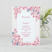 Pink Sakura Periwinkle Blue Romantic Frame Wedding 招待状 (スタンド正面)