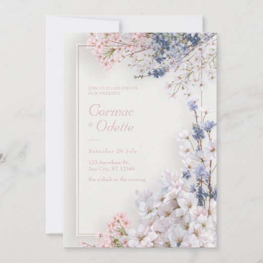 Pink Sakura Romantic Minimalist Frame Wedding 招待状 (正面)