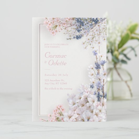 Pink Sakura Romantic Minimalist Frame Wedding 招待状 (スタンド正面)