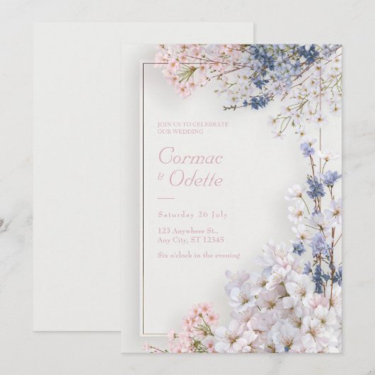Pink Sakura Romantic Minimalist Frame Wedding 招待状 (正面/裏面)