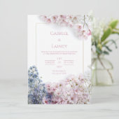 Pink Sakura Teal Leaf Gold Frame Wreath Wedding 招待状 (スタンド正面)