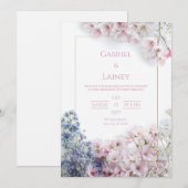 Pink Sakura Teal Leaf Gold Frame Wreath Wedding 招待状 (正面/裏面)