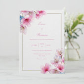 Pink Sakura Textured Paper Gold Frame Wedding 招待状 (スタンド正面)