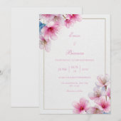 Pink Sakura Textured Paper Gold Frame Wedding 招待状 (正面/裏面)