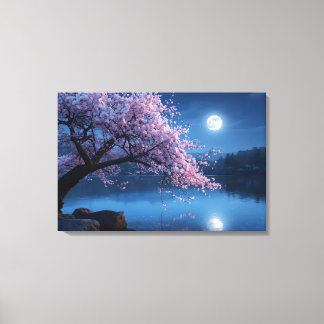 Pink Sakura Tree & Full Moon Night Canvas Print キャンバスプリント