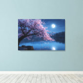 Pink Sakura Tree & Full Moon Night Canvas Print キャンバスプリント (インサイチュ (ウッドフロア))