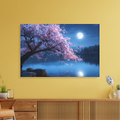 Pink Sakura Tree & Full Moon Night Canvas Print キャンバスプリント (インサイチュ (リビング))