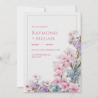 Pink Sakura White Plaster Botanical Border Wedding 招待状