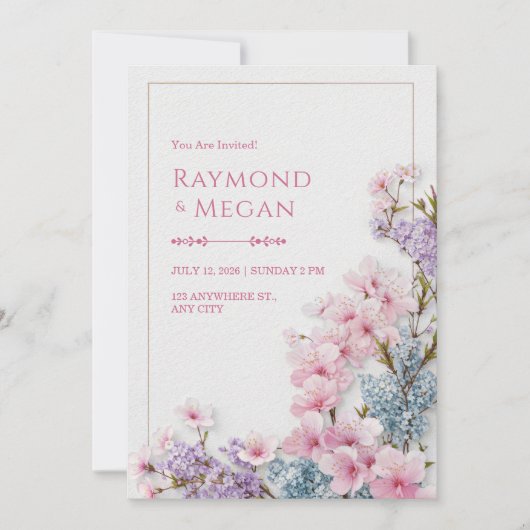 Pink Sakura White Plaster Botanical Border Wedding 招待状 (正面)