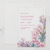 Pink Sakura White Plaster Botanical Border Wedding 招待状 (正面/裏面)