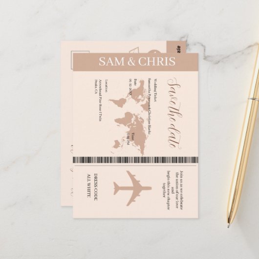 Pink Salmon Boarding Pass World Map Travel ポストカード (正面/裏面インサイチュ)