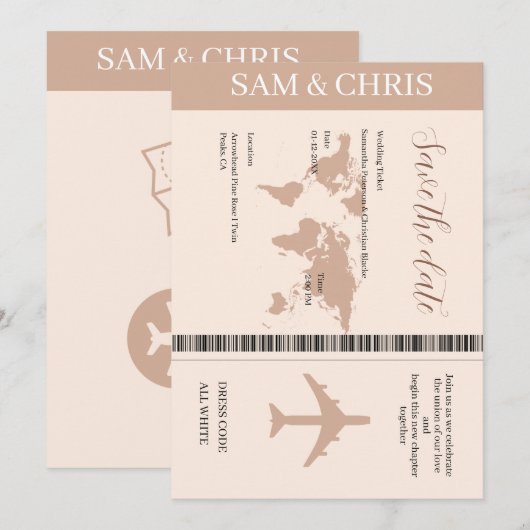 Pink Salmon Boarding Pass World Map Travel 招待状 (正面/裏面)