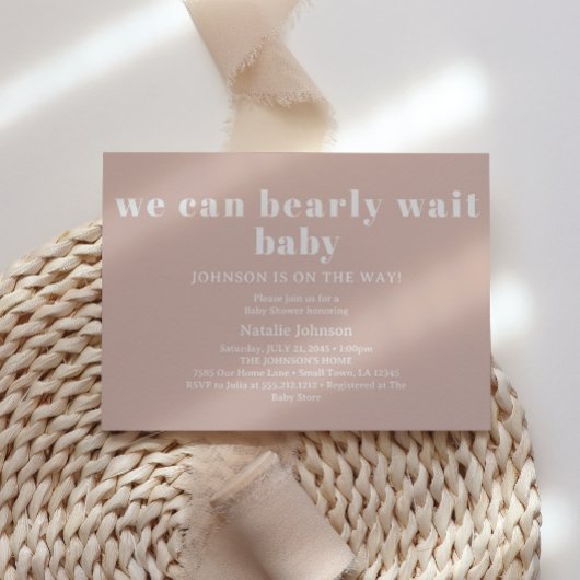 Pink Sandstone Typography Bearly Wait Baby Shower 招待状